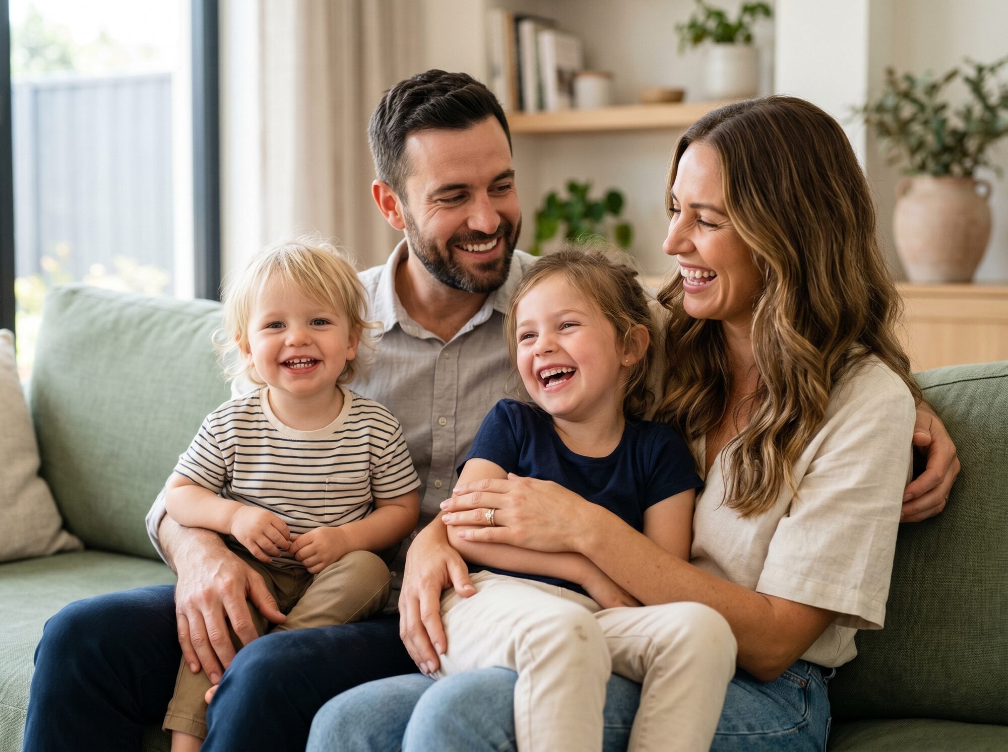 A family of four together on a sofa at home