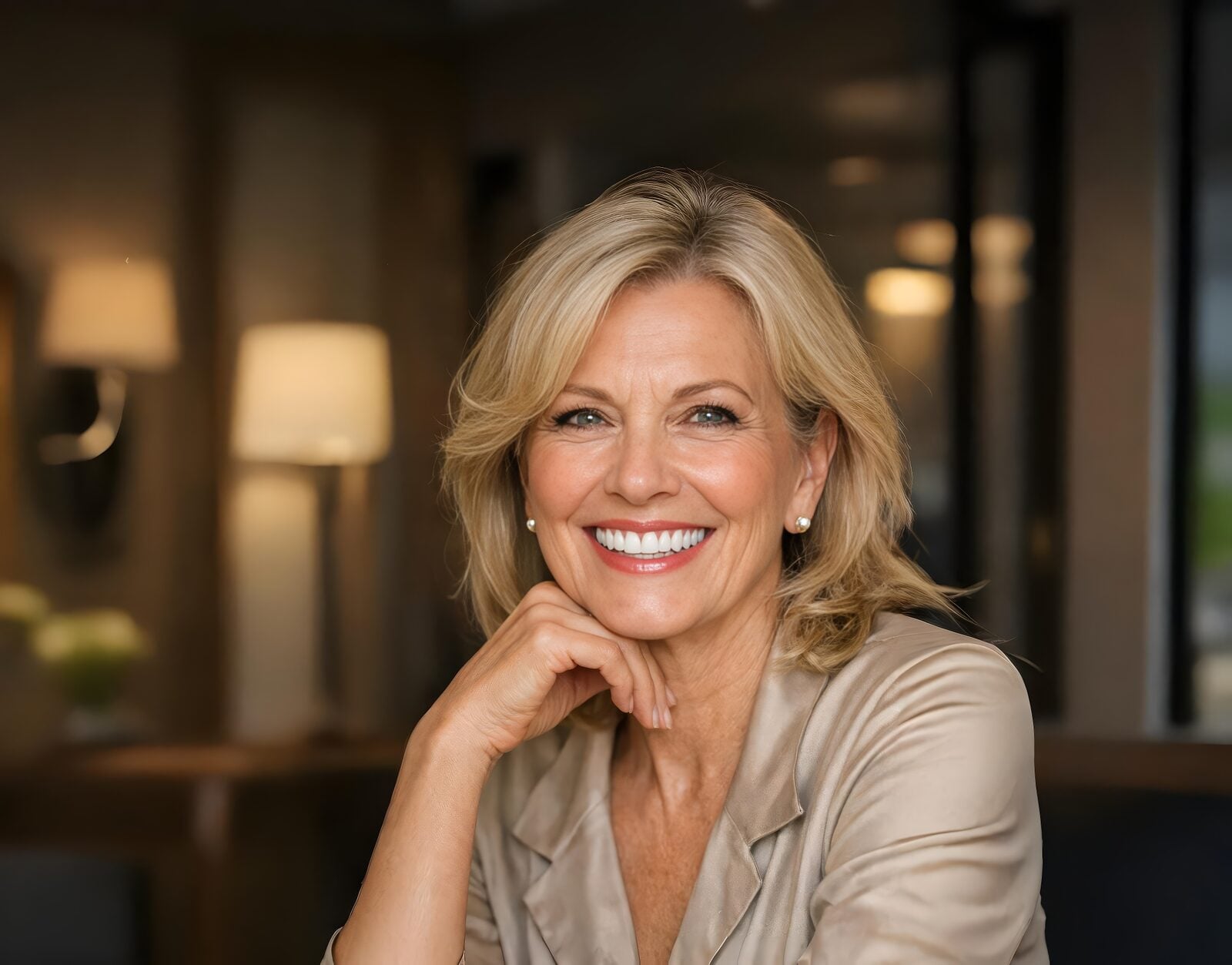 A woman smiling in soft evening light