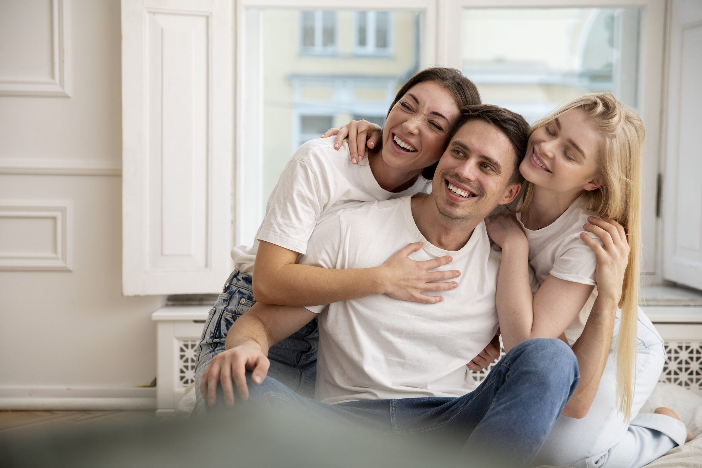 A family embracing and laughing together